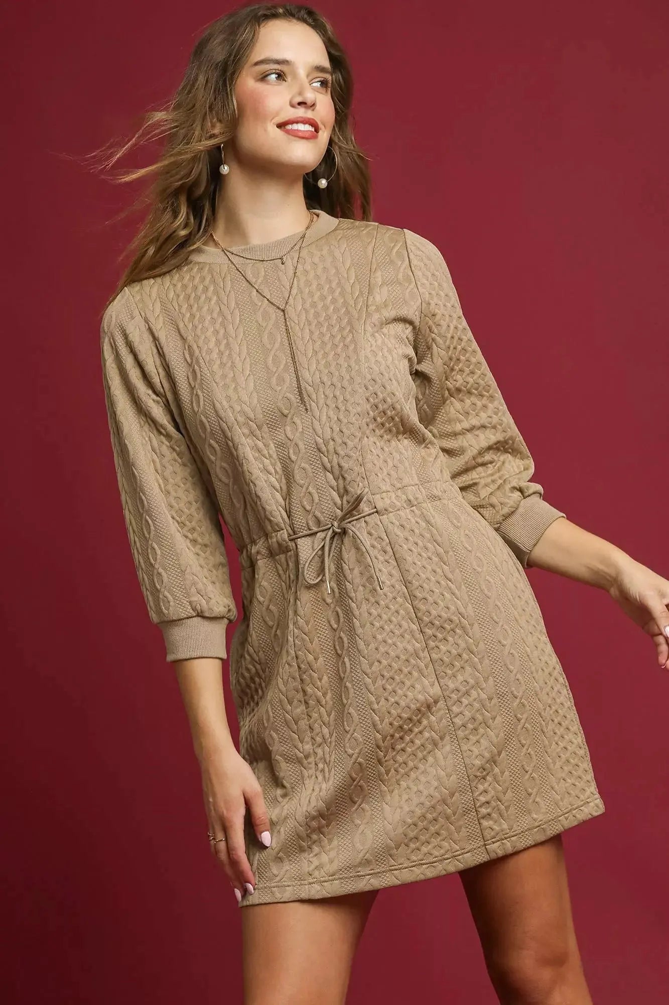 Umgee Drawstring Cable Knit Mini Dress with Pockets by Umgee