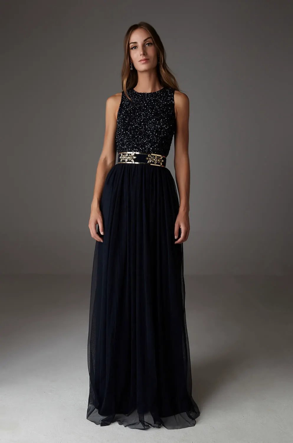 Iria Maxi Navy Embellished Evening Dress by Ceylan Bcn