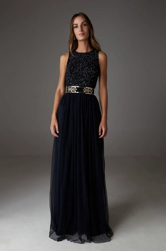 Iria Maxi Navy Embellished Evening Dress by Ceylan Bcn
