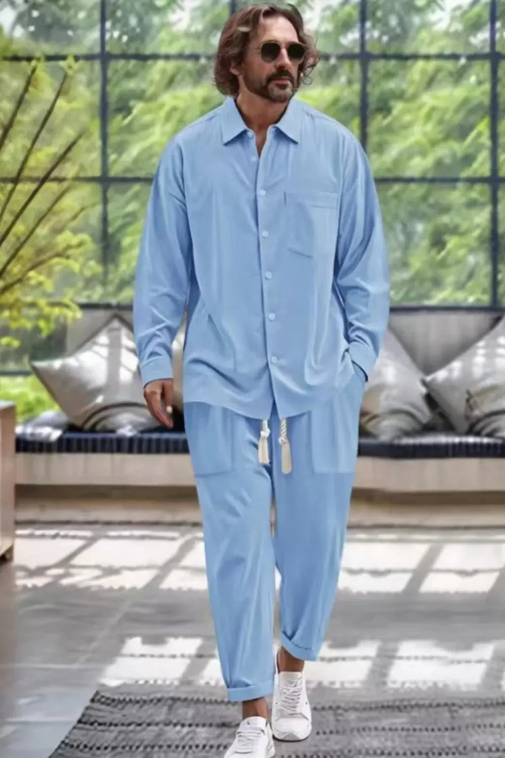 Men's Collared Neck Long Sleeve Top and Pants Set Plus Size by Trendsi