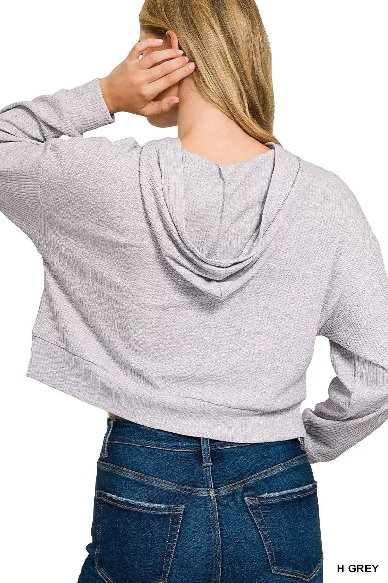 Zenana Drop Shoulder Ribbed Crop Hoodie by Zenana