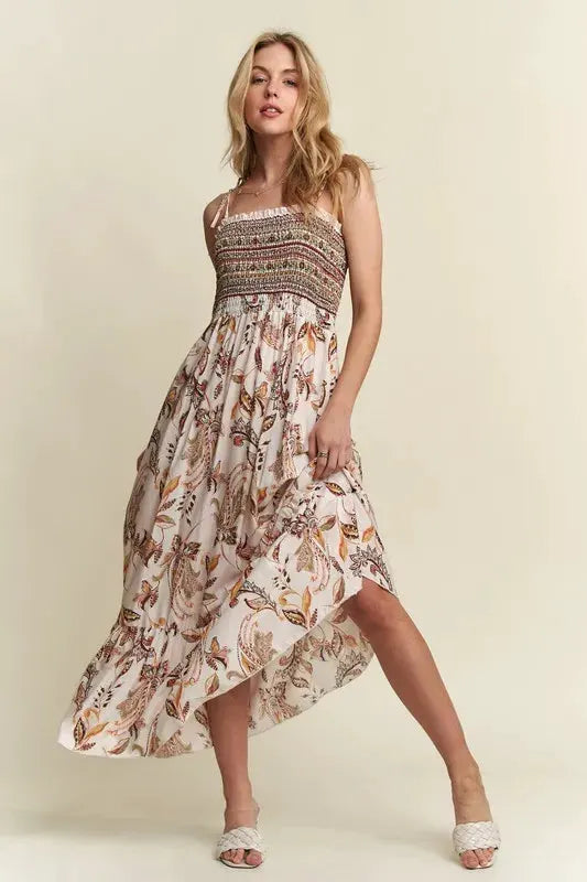 ADORA Smocked Printed Square Neck Tie Shoulder Cami Dress by Partner Label