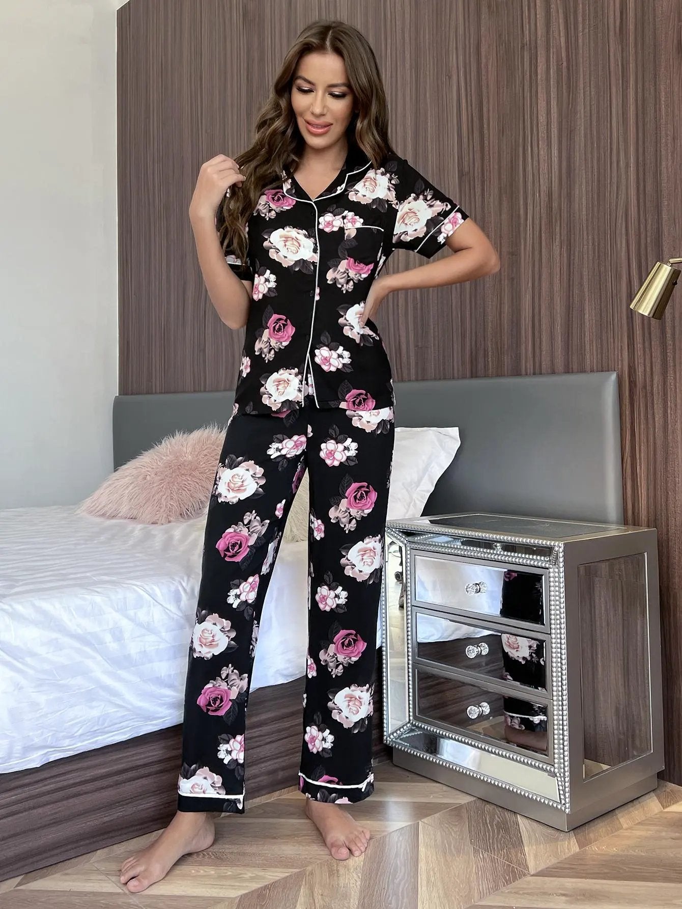 Floral Short Sleeve Shirt and Pants Lounge Set by Partner Label