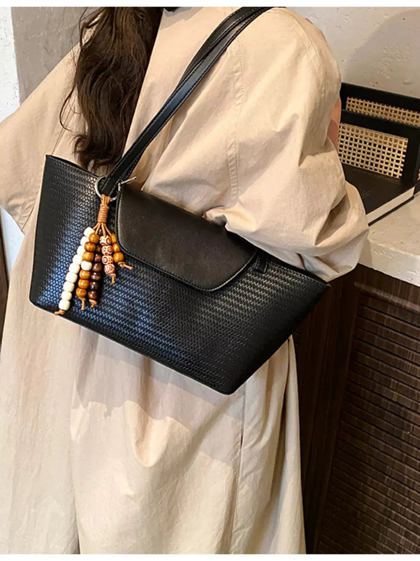 Texture Tote Bag with Beaded Charm by Partner Label