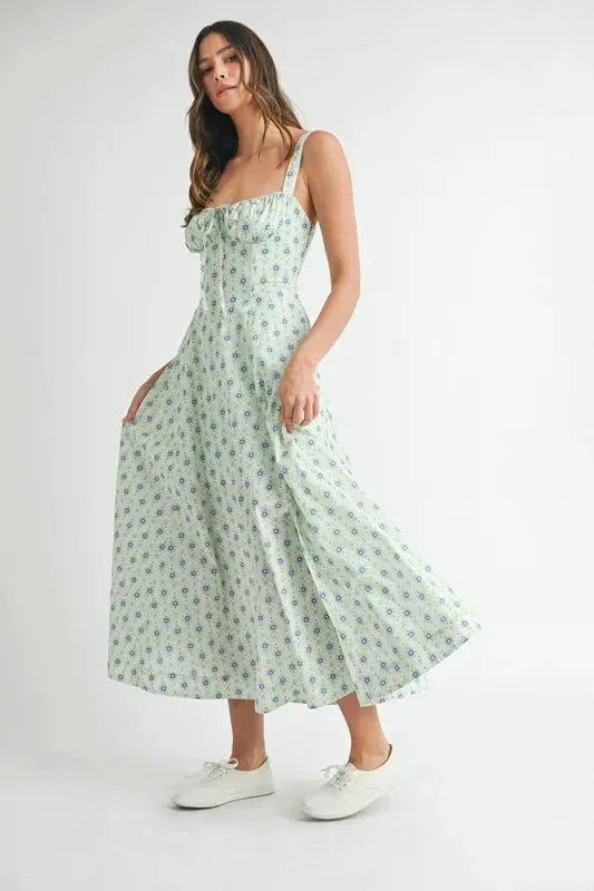 MABLE Floral Print Bustier Back Lace Up Midi Dress by MABLE