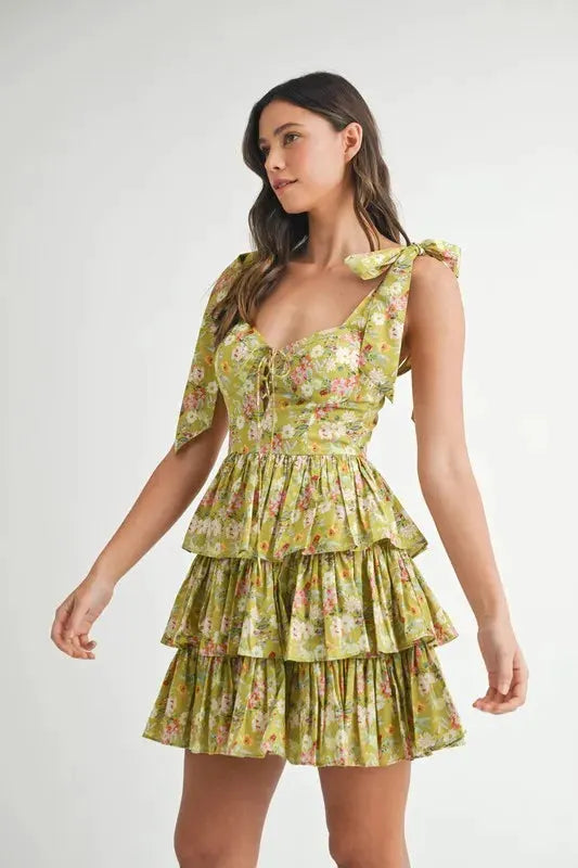 MABLE Floral Print Shoulder Tie Layered Mini Dress by MABLE