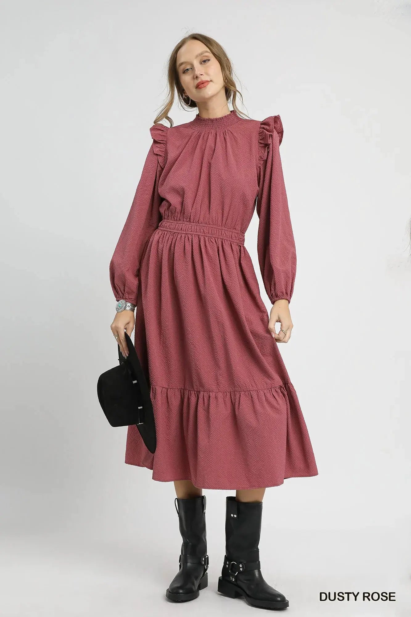 Umgee Textured Midi Dress with Ruffle Shoulder Detail by Umgee