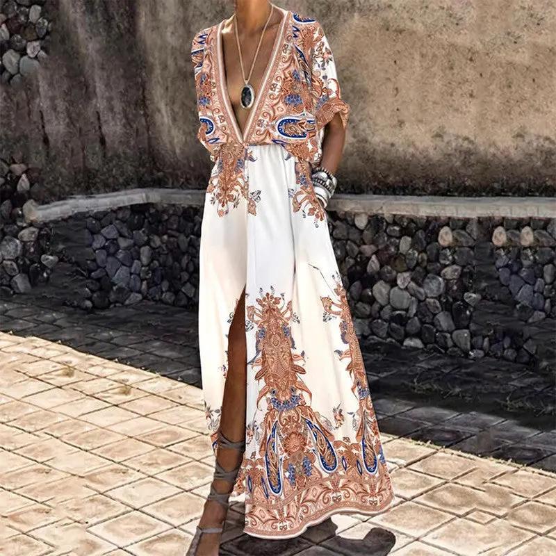 Vintage Pattern Printed Boho Long Dress Women Sexy Deep V by Anybestbuy Store