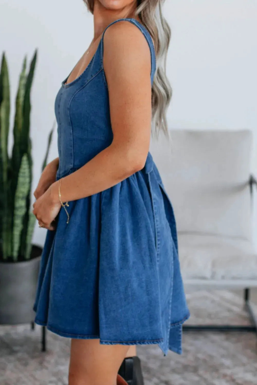 V-Back Bow Tie Denim Skater Dress by Partner Label