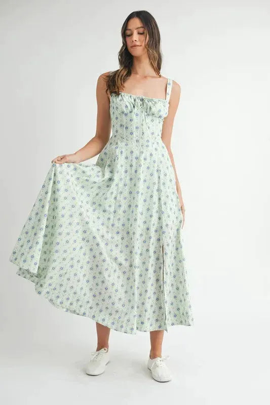 MABLE Floral Print Bustier Back Lace Up Midi Dress by MABLE