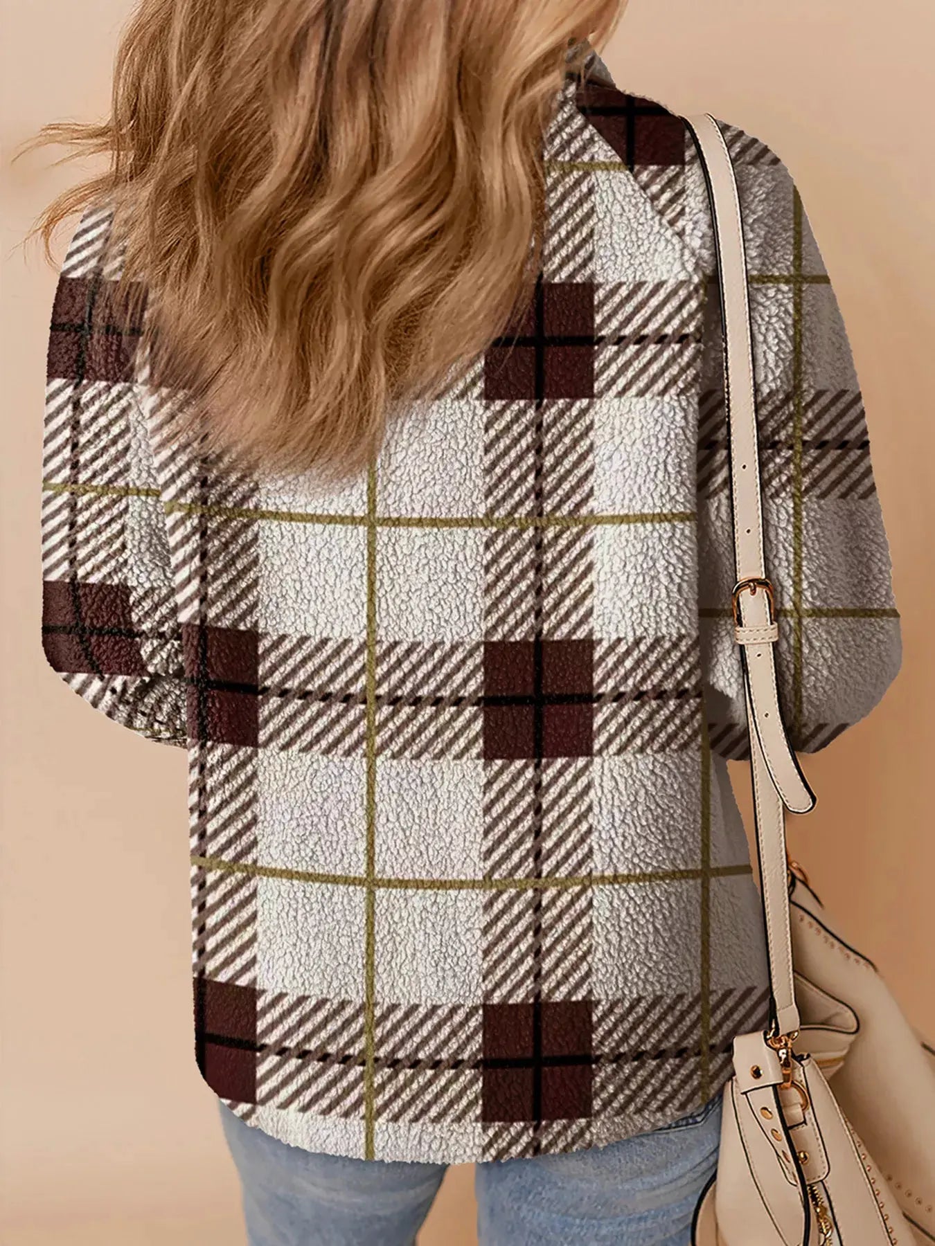 Plaid Buttoned Stand Collar Fleece Jacket by Partner Label