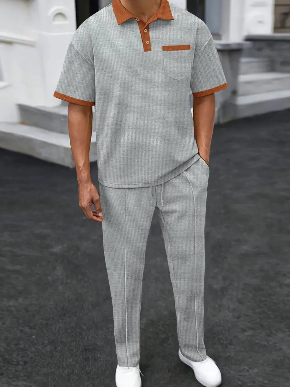 Men's Full Size Waffle-Knit Contrast Polo and Pants Set Plus Size by Trendsi