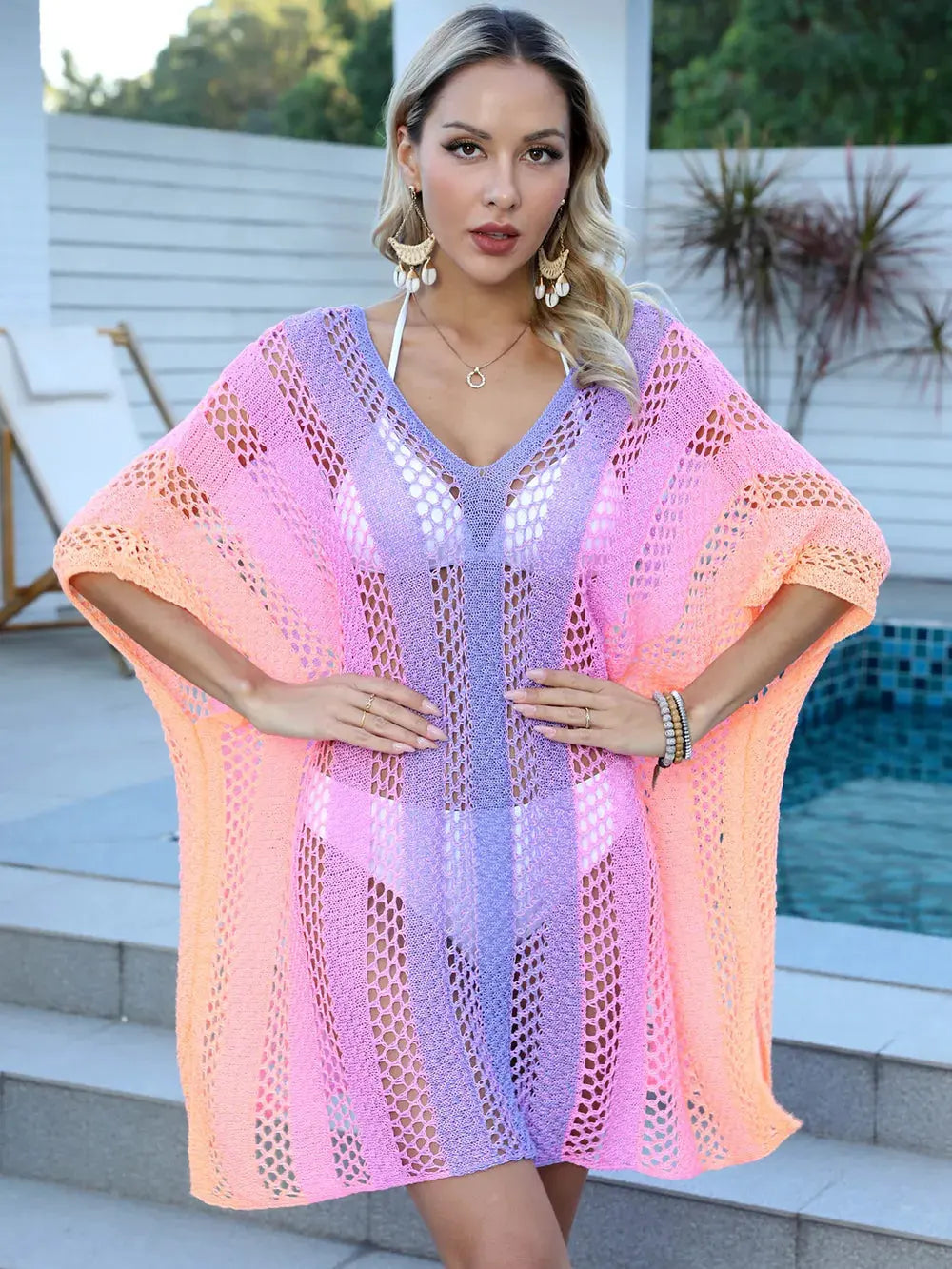Openwork Contrast V-Neck Cover-Up by Partner Labels