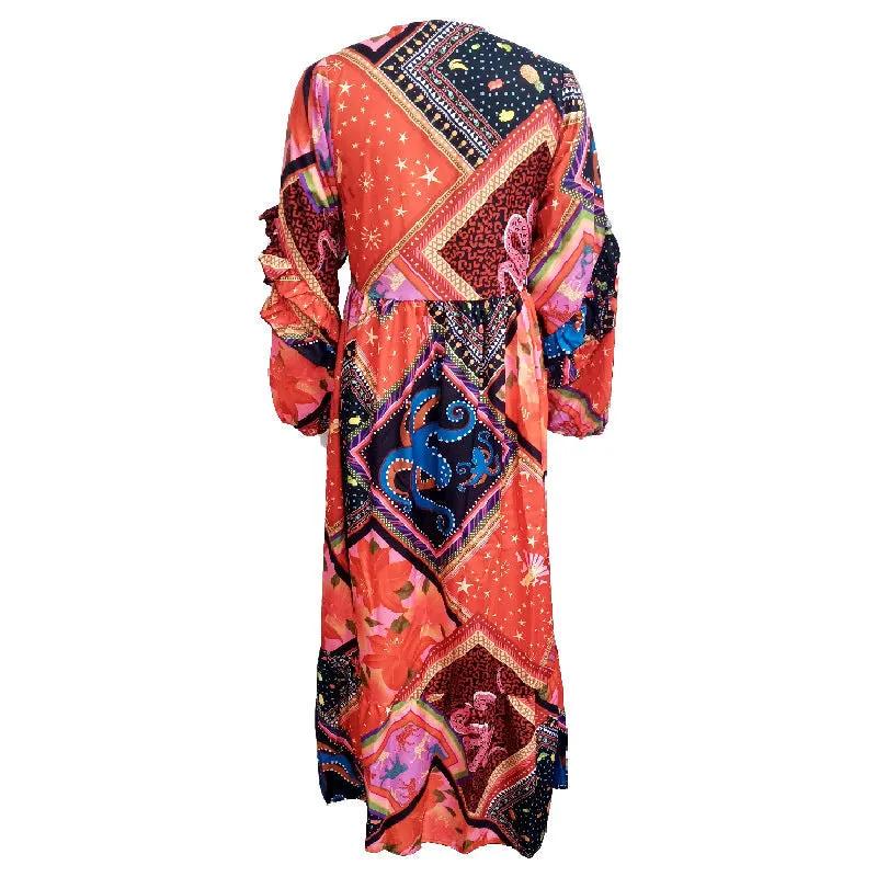 Women's V-Neck Long Sleeve Printed Boho Dress by Anybestbuy Store