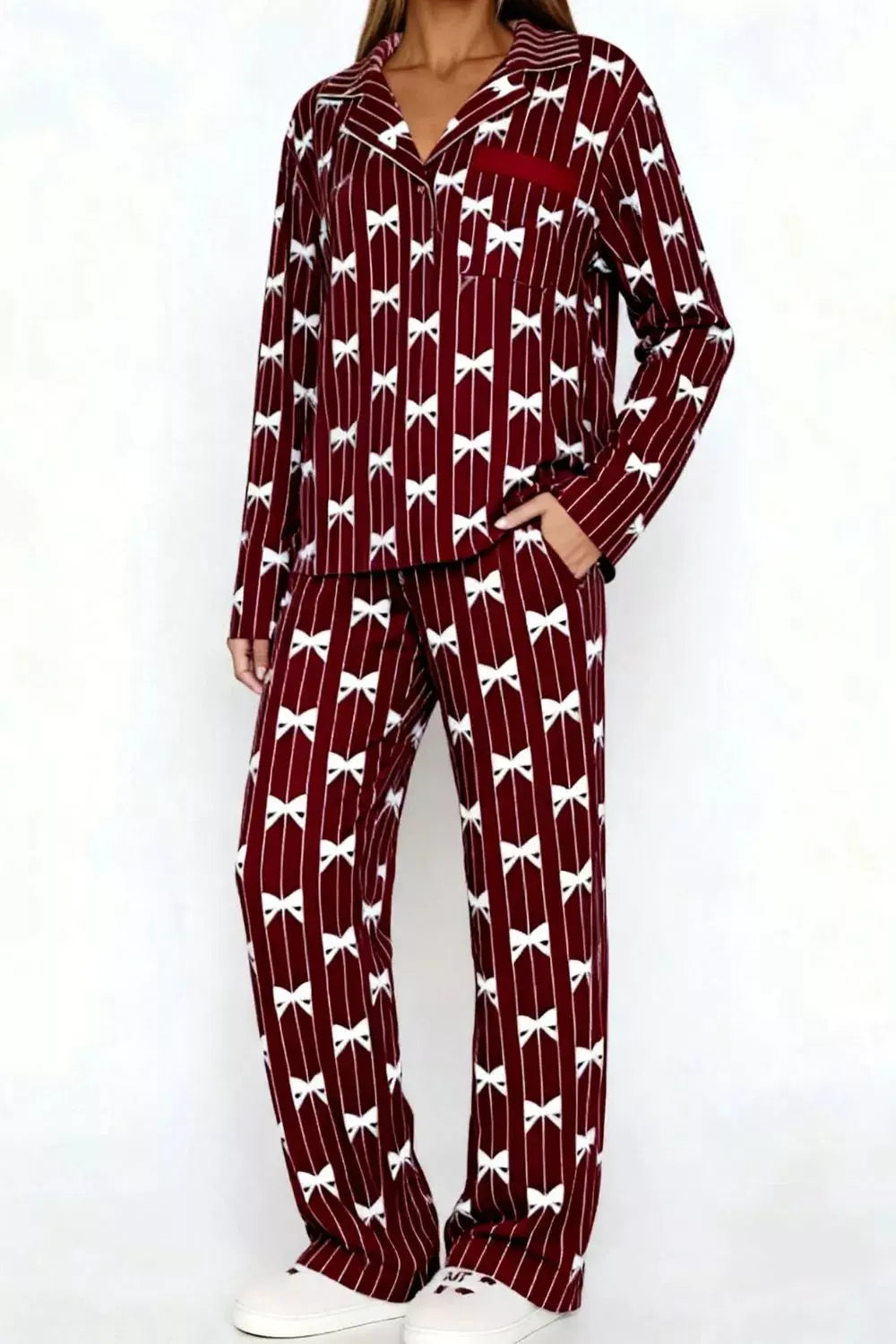 Bow Print Top and Wide Leg Pants Lounge Set by Partner Label