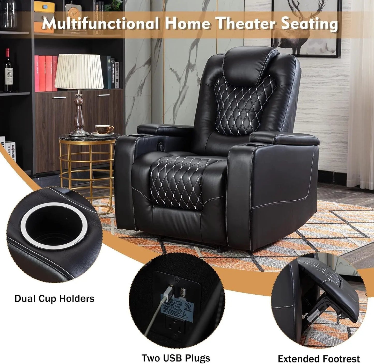 Power Recliner Chair Set of 3 – Black Leather with USB Ports & Cup Holders by Inland Leather