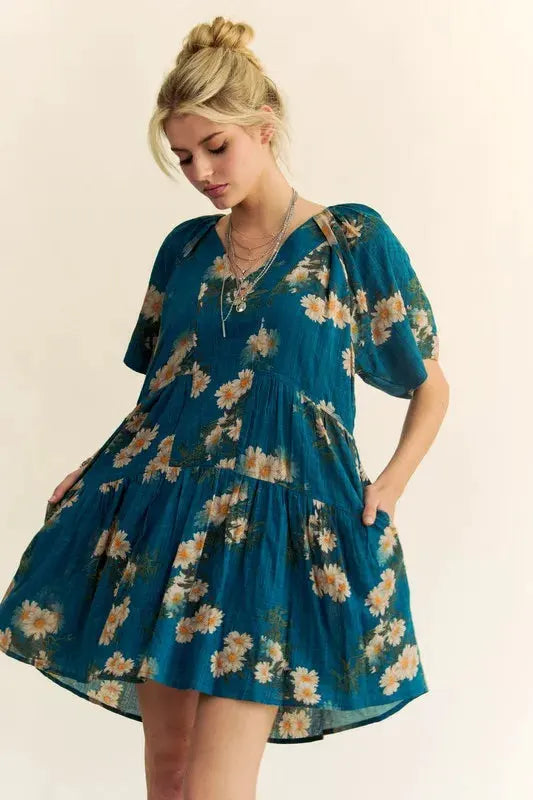 Davi & Dani Floral Print Short Bell Sleeve Pleated Mini Dress by Davi & Dani