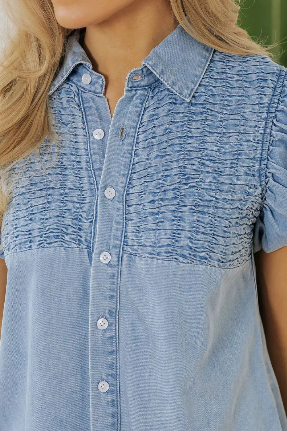 Smocked Collared Neck Cap Sleeve Denim Dress by Partner Label