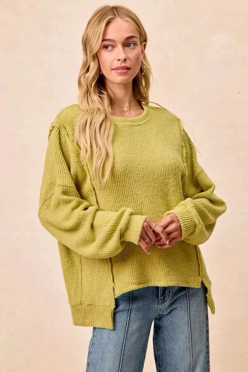 BiBi Boucle Rib Knit Uneven Hem Sweater With Open Seam by BiBi