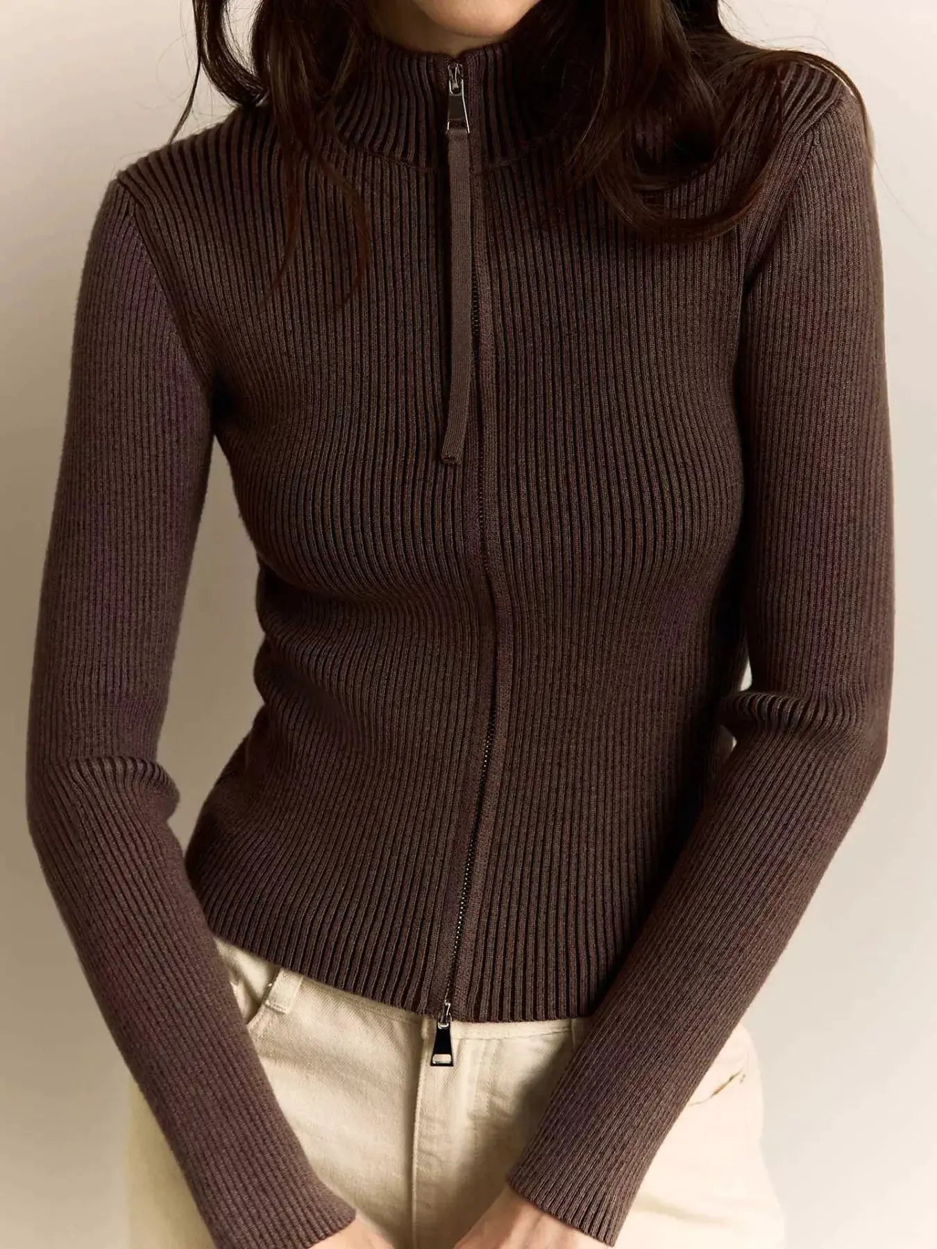 Ribbed Knit Zip-Up Cardigan by Partner Label
