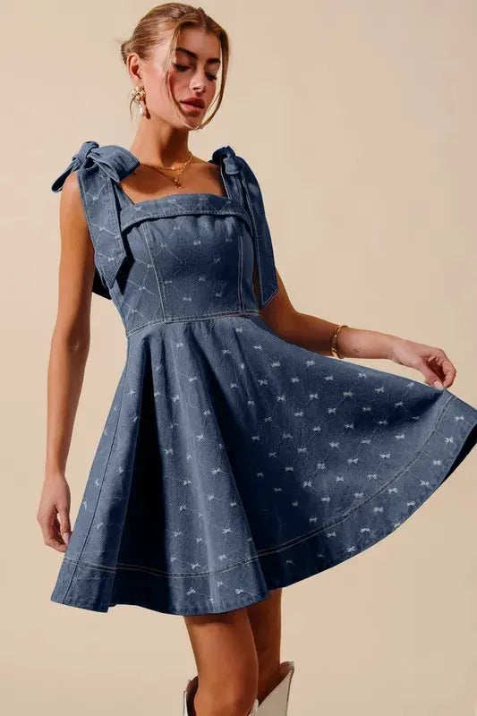SO ME A Line Fit and Flare Diamond Bow Ribbon Denim Dres by SO ME