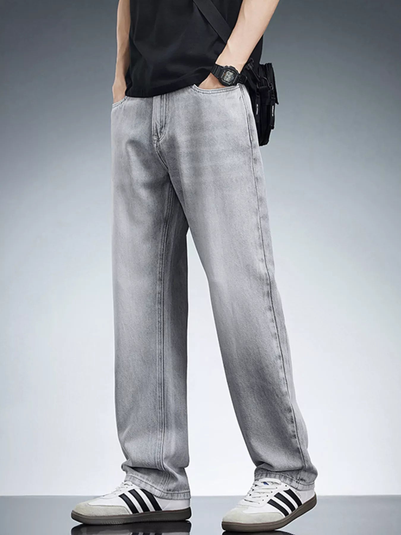 Men's Plus Size Washed Wide Leg Jeans by Partner Label
