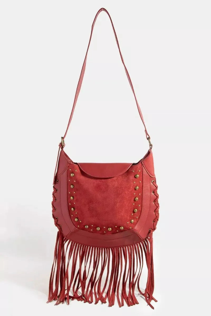 Fame Rivet Trim Suede Fringe Shoulder Bag by Fame