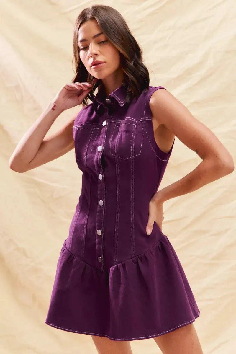SO ME Button Down Sleeveless Collared Game Day Mini Dress by SO ME