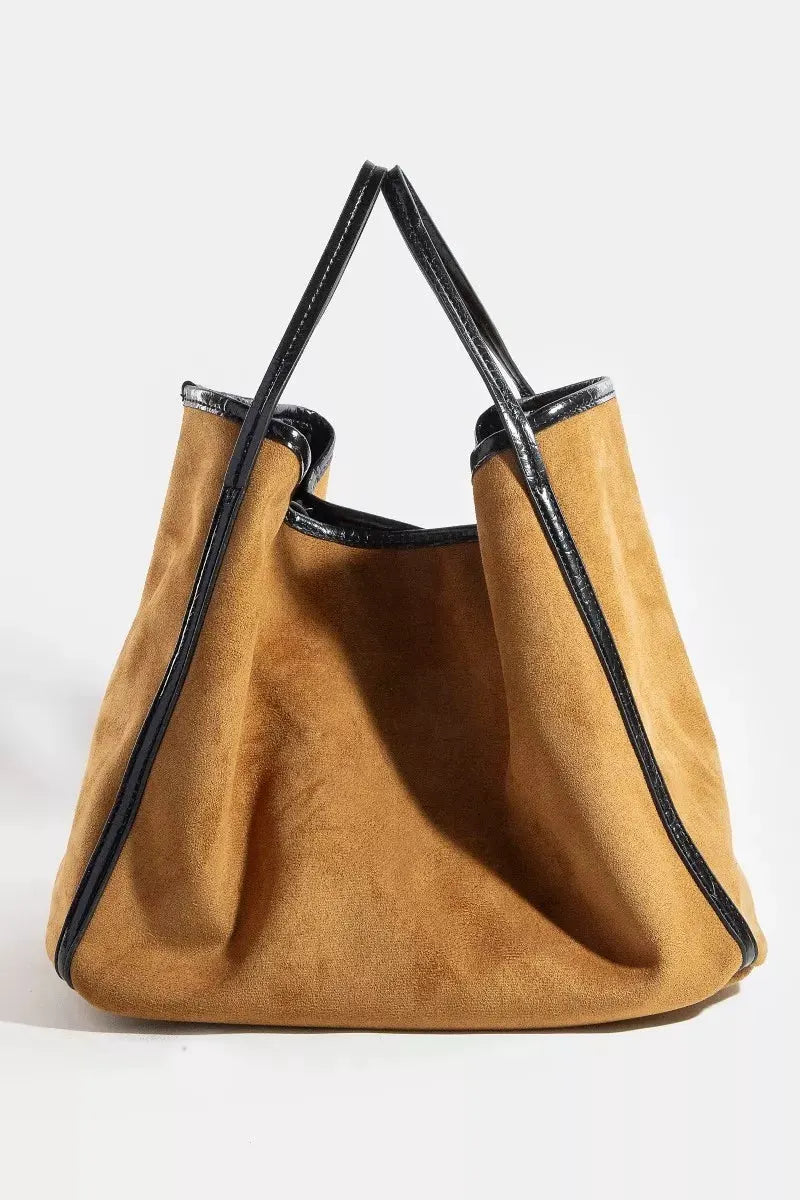 Fame Suede Tote Faux Leather Trim Shoulder Strap by Fame