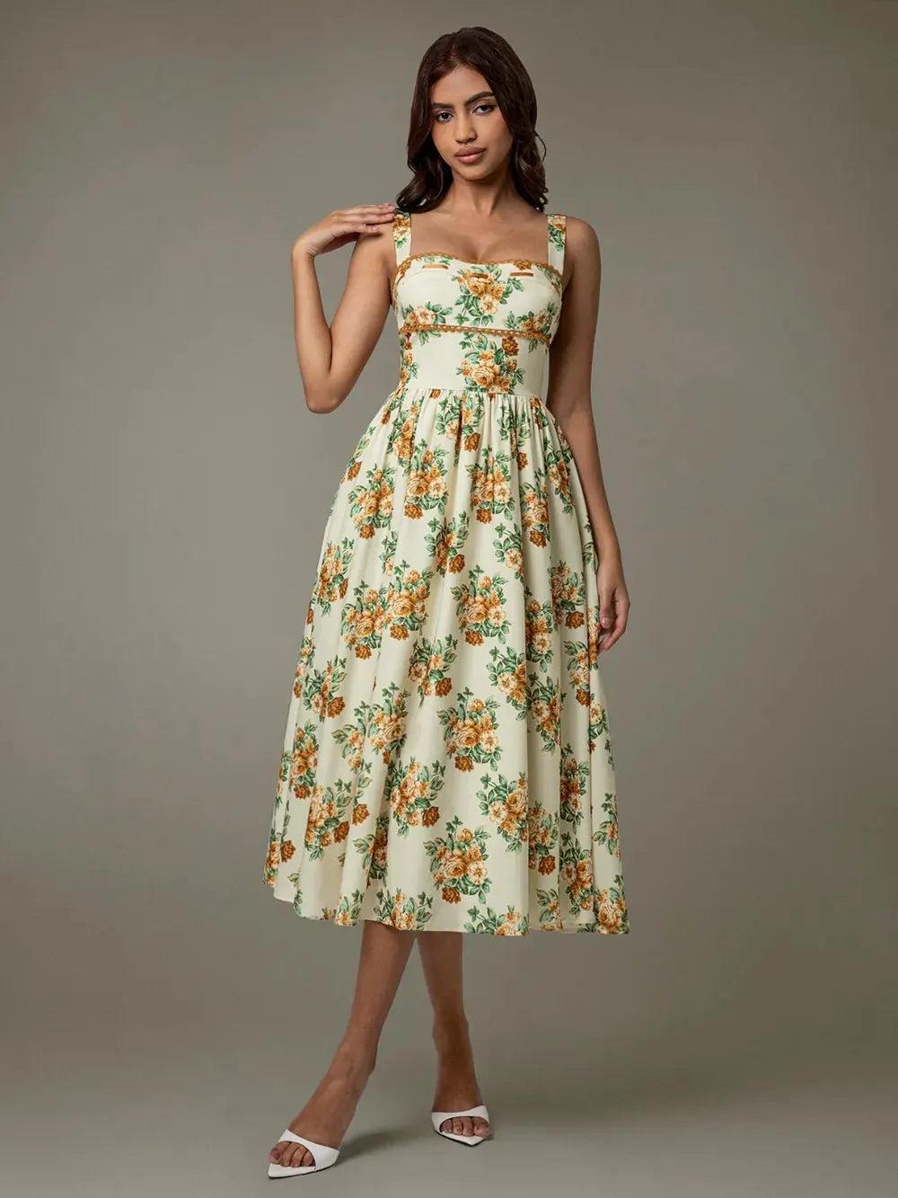 Lace Trim Floral Sleeveless Midi Dress by Partner Label