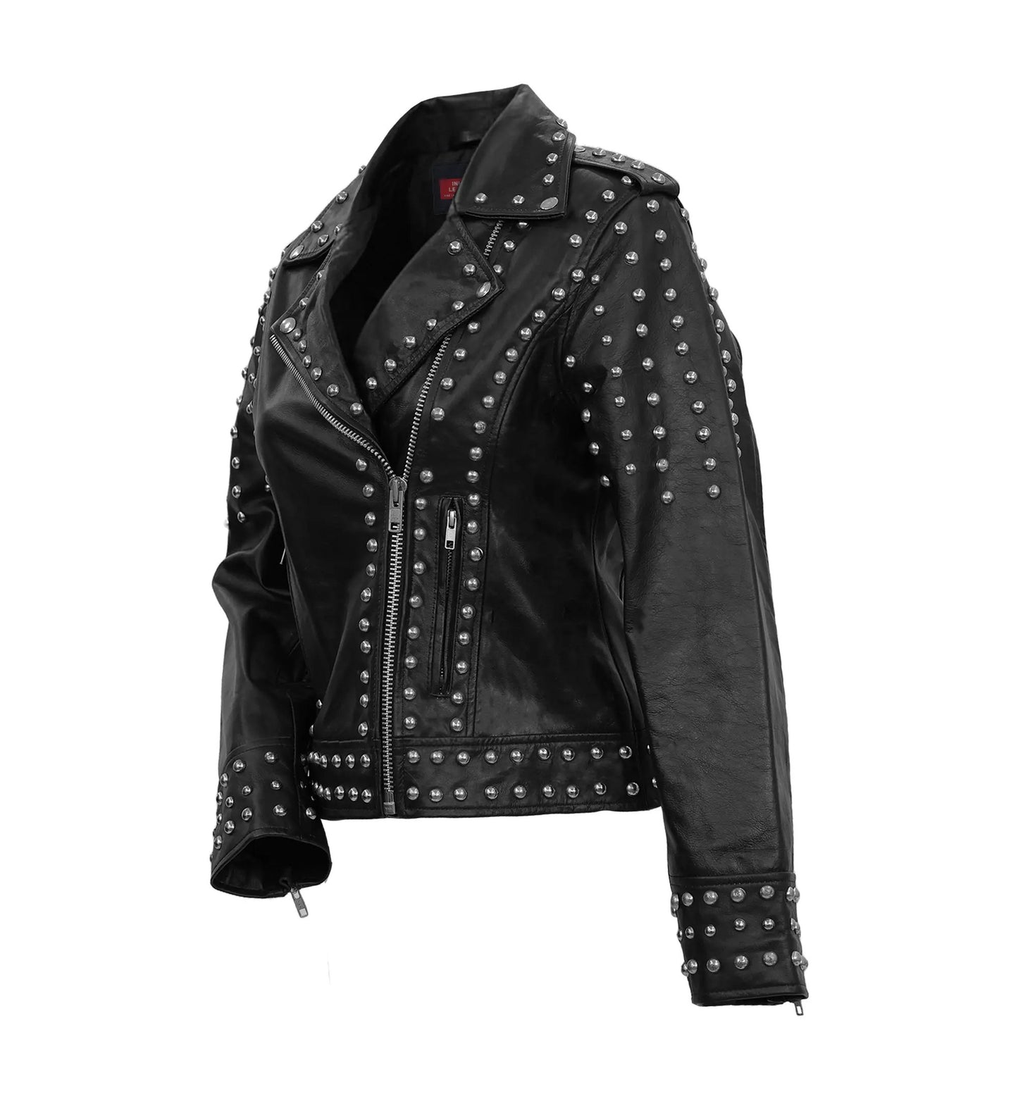 Afaaf Women’s Black Lambskin Leather Jacket Studded Biker Style by Inland Leather Co