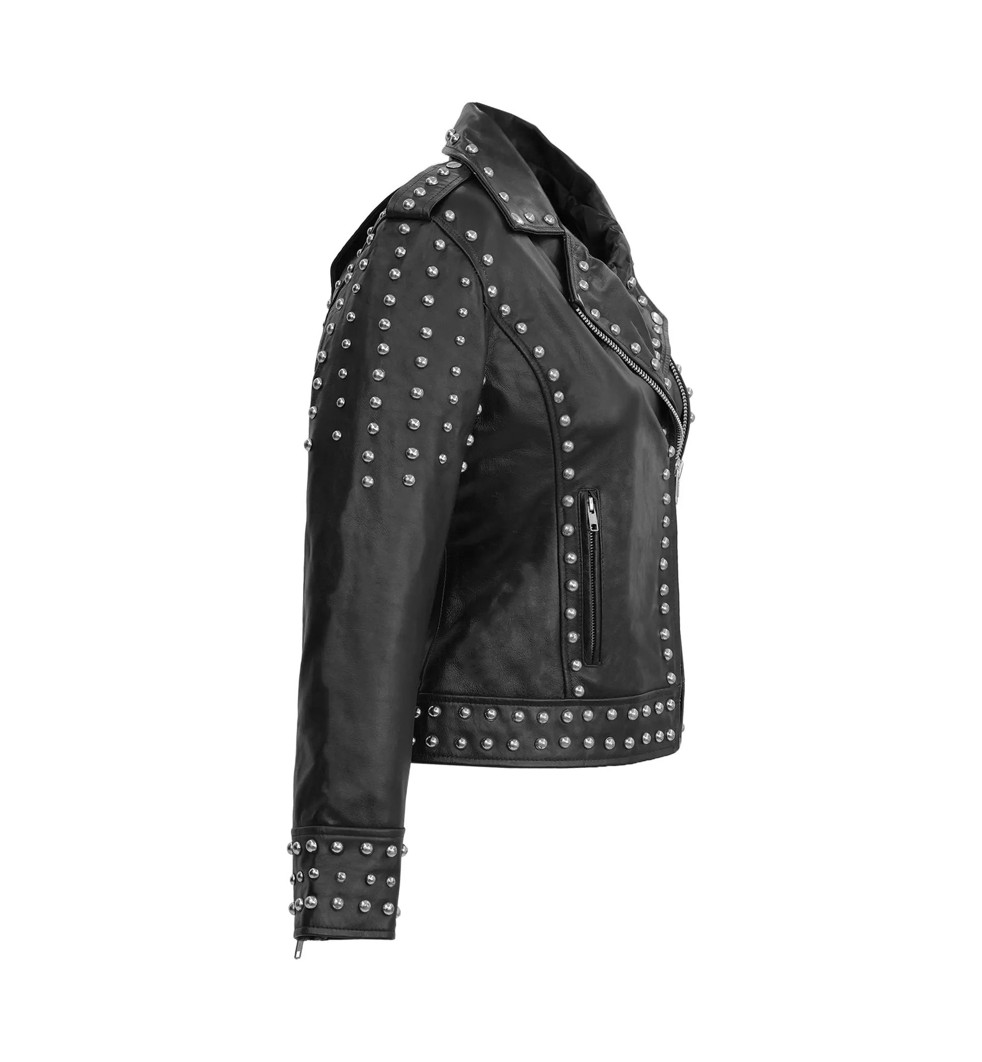 Afaaf Women’s Black Lambskin Leather Jacket Studded Biker Style by Inland Leather Co