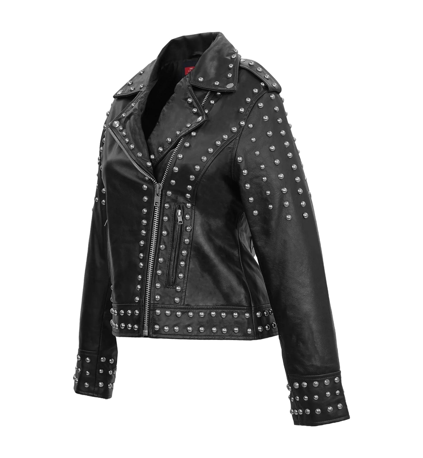 Afaaf Women’s Black Lambskin Leather Jacket Studded Biker Style by Inland Leather Co