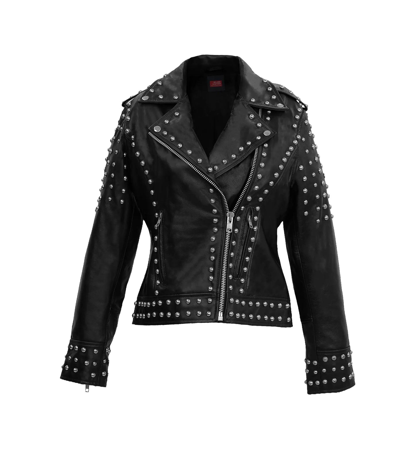 Afaaf Women’s Black Lambskin Leather Jacket Studded Biker Style by Inland Leather Co