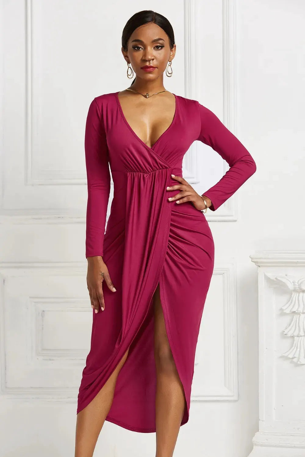 High-low Ruched Surplice Long Sleeve Dress by Partner Label