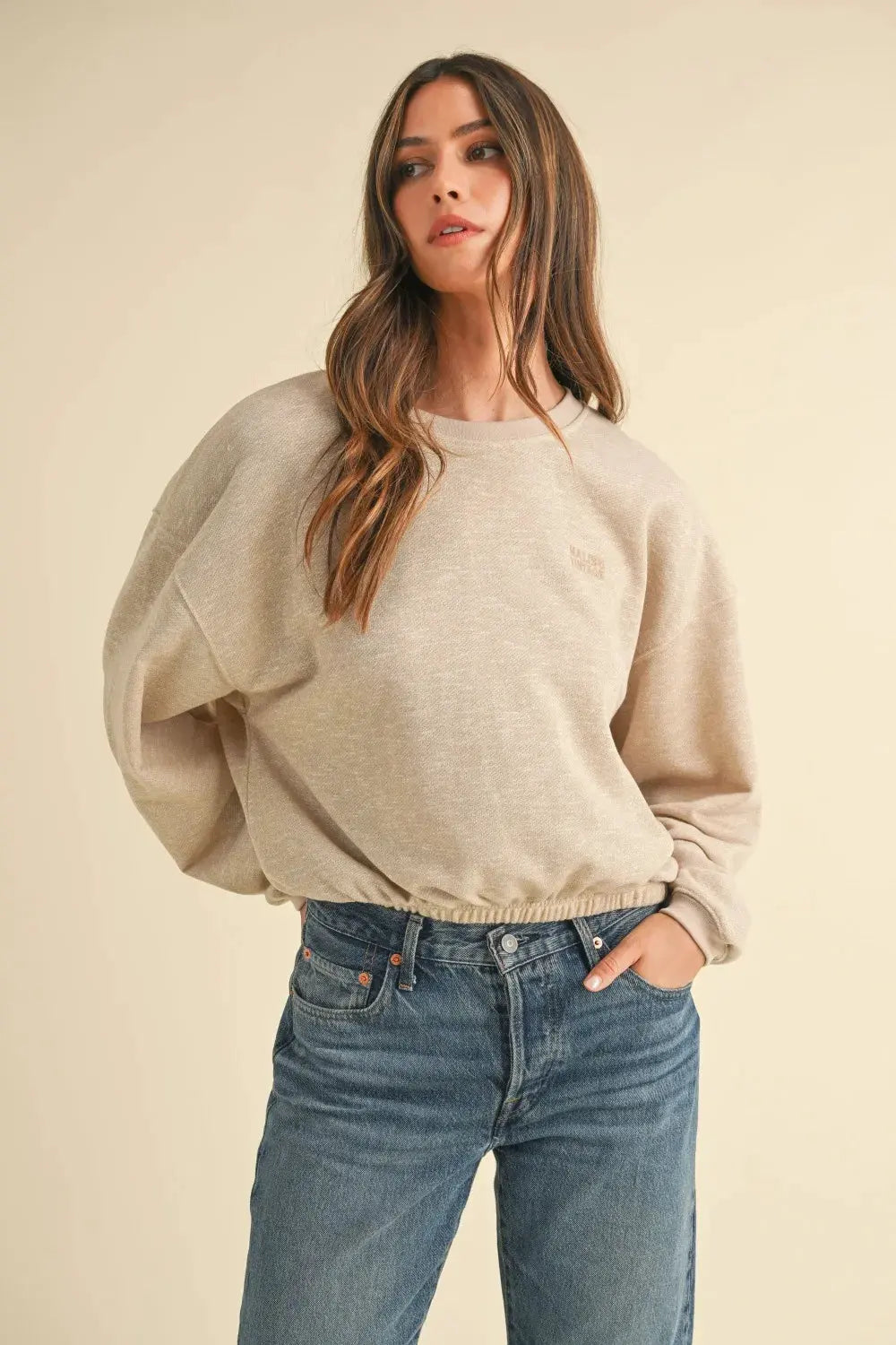 Mable Round Neck Letter Embroidery Crop Sweatshirt by MABLE
