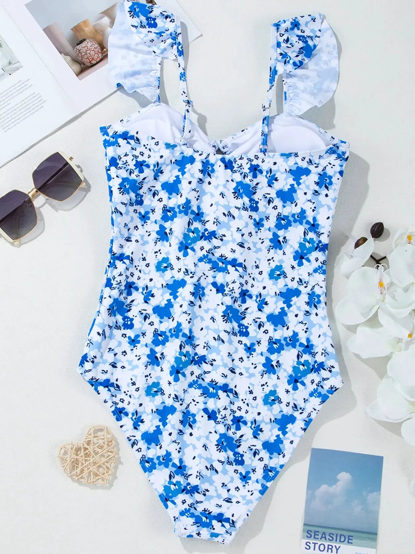 Floral Ruffled Strap Lace-up Hollow Out One Piece Swimsuit by Partner Label