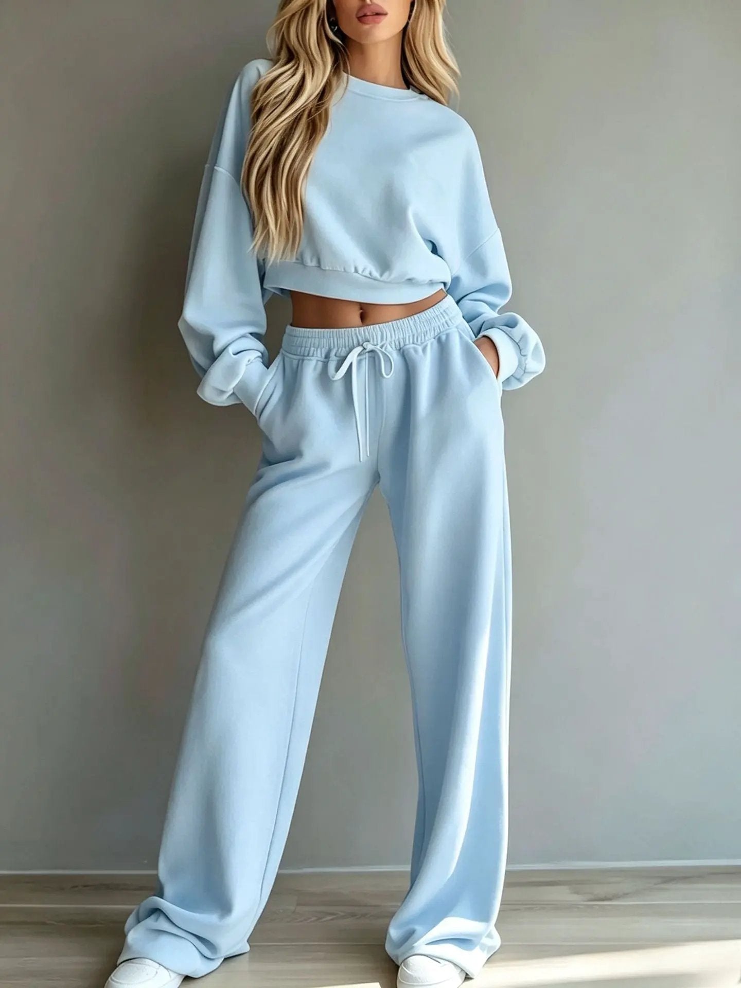 Womens Casual Short Hooded Sweatshirt And Wide-leg Pants Set by Maiden-Art
