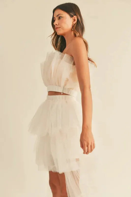 MABLE Tulle Tube Ruffle Crop Top and High Low Maxi Skirt Set by MABLE