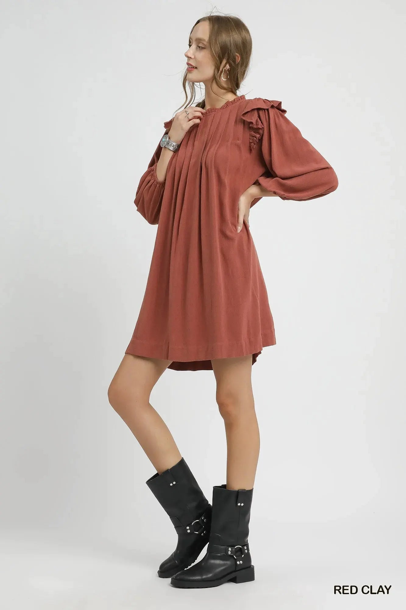 Umgee Linen Ruffle Shoulder Pleated Babydoll Dress by Umgee