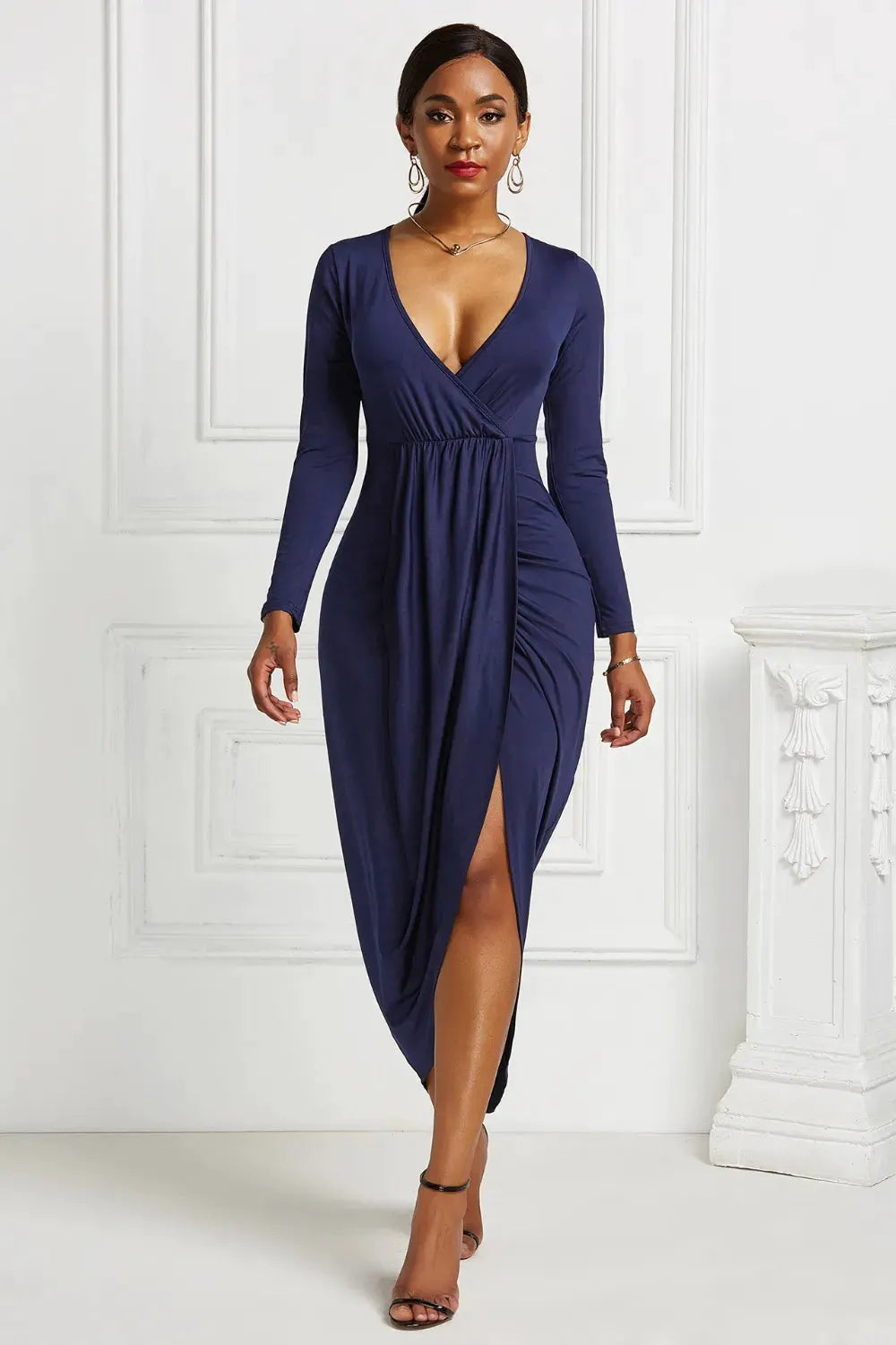 High-low Ruched Surplice Long Sleeve Dress by Partner Label