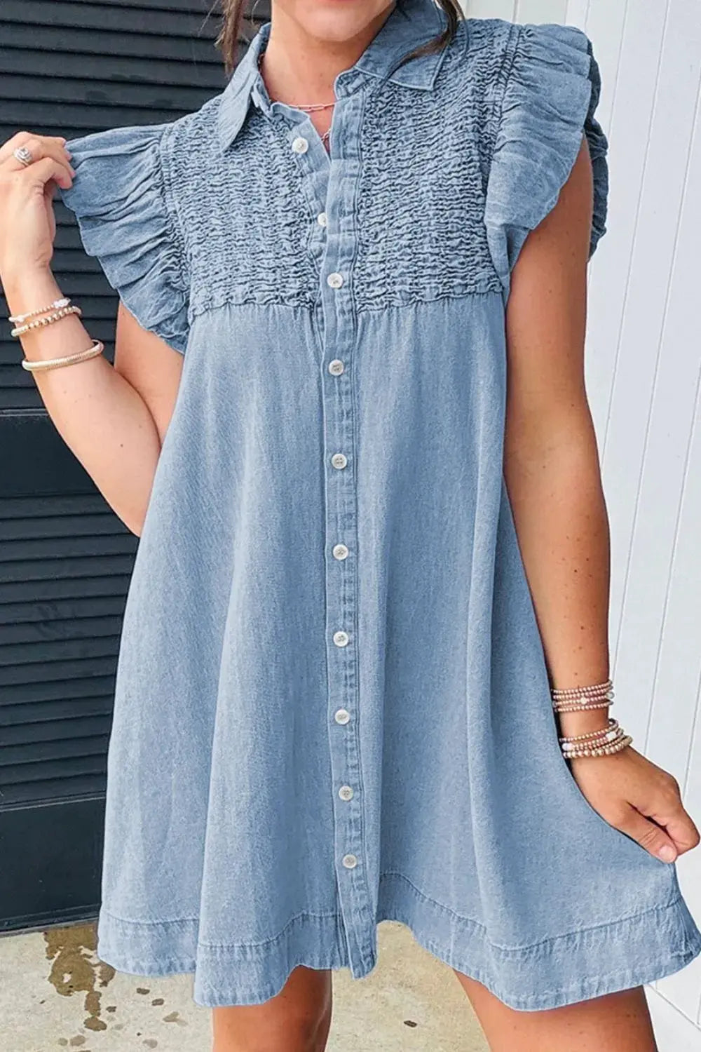 Smocked Collared Neck Cap Sleeve Denim Dress by Partner Label