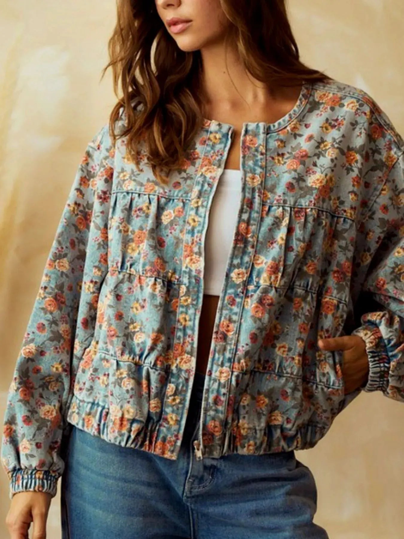 Floral Print Zip Up Cropped Denim Jacket by Partner Label