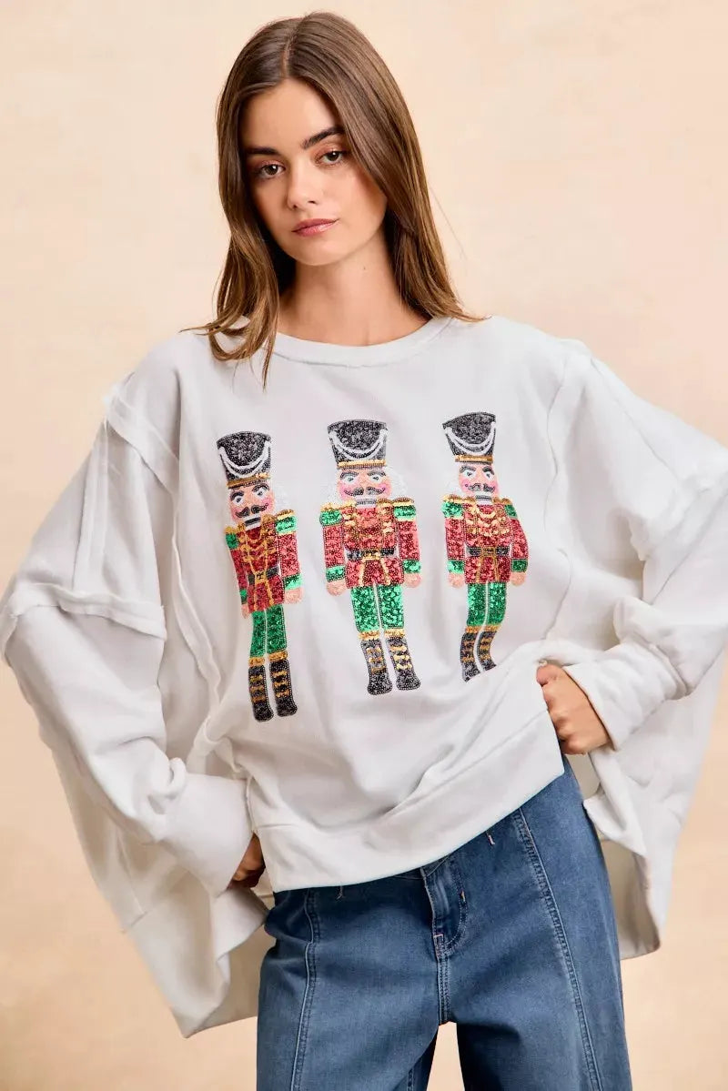 BiBi Christmas Sequin Nutcrackers Embroidery Sweatshirt by BiBi
