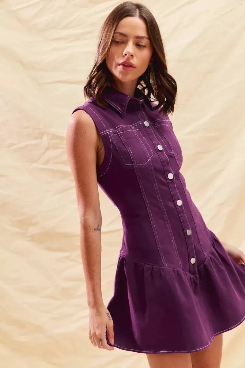 SO ME Button Down Sleeveless Collared Game Day Mini Dress by SO ME