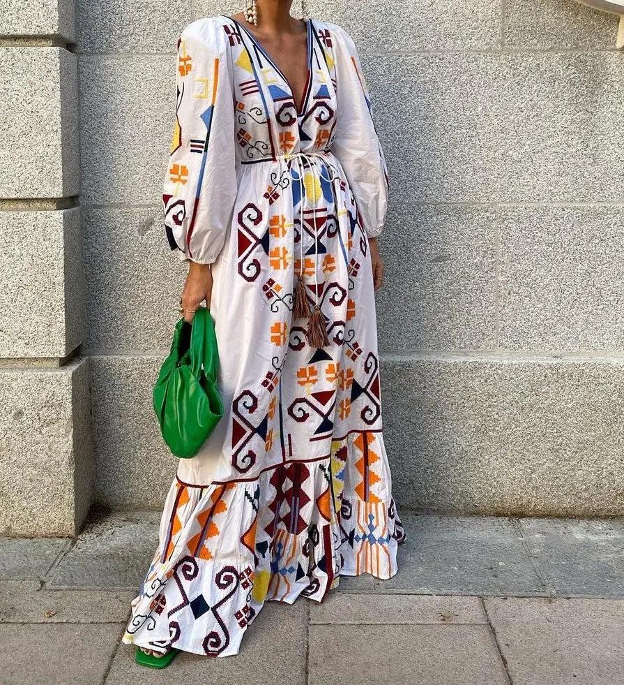 Women's V-Neck Long Sleeve Printed Boho Dress by Anybestbuy Store