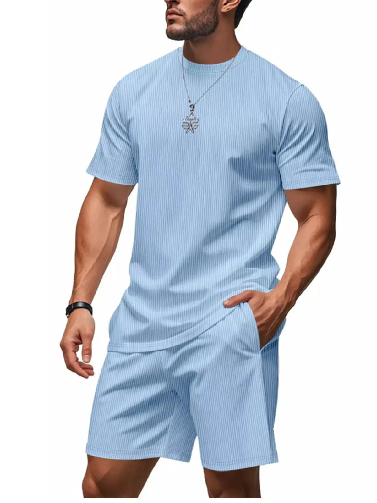 Men's Full Size Casual Striped Top and Shorts Set Plus Size by Trendsi