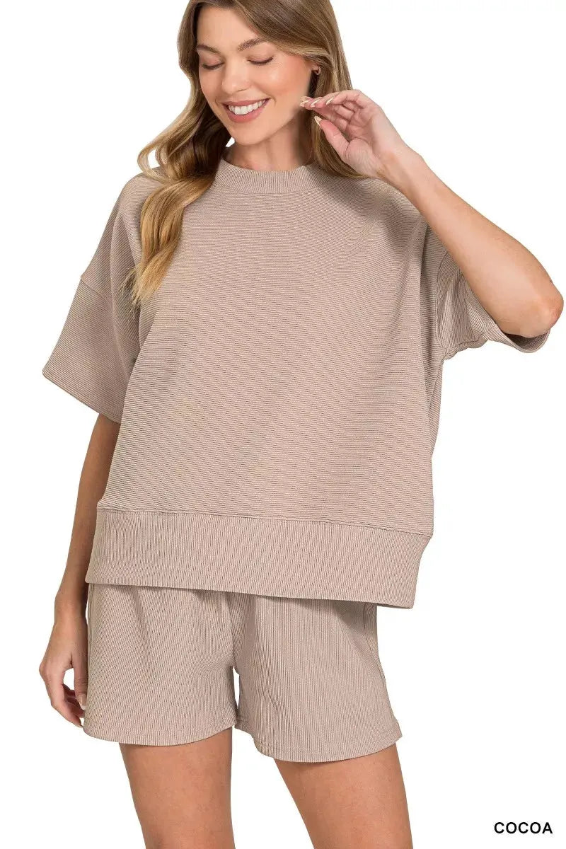 Zenana Ribbed Round Neck Waist Banded Tee & Shorts Set by Zenana