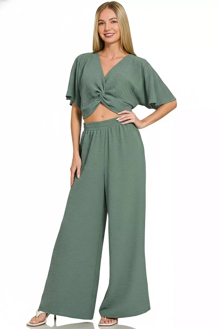 Zenana Woven Airflow Twisted Top & Wide Leg Pants Set by Zenana