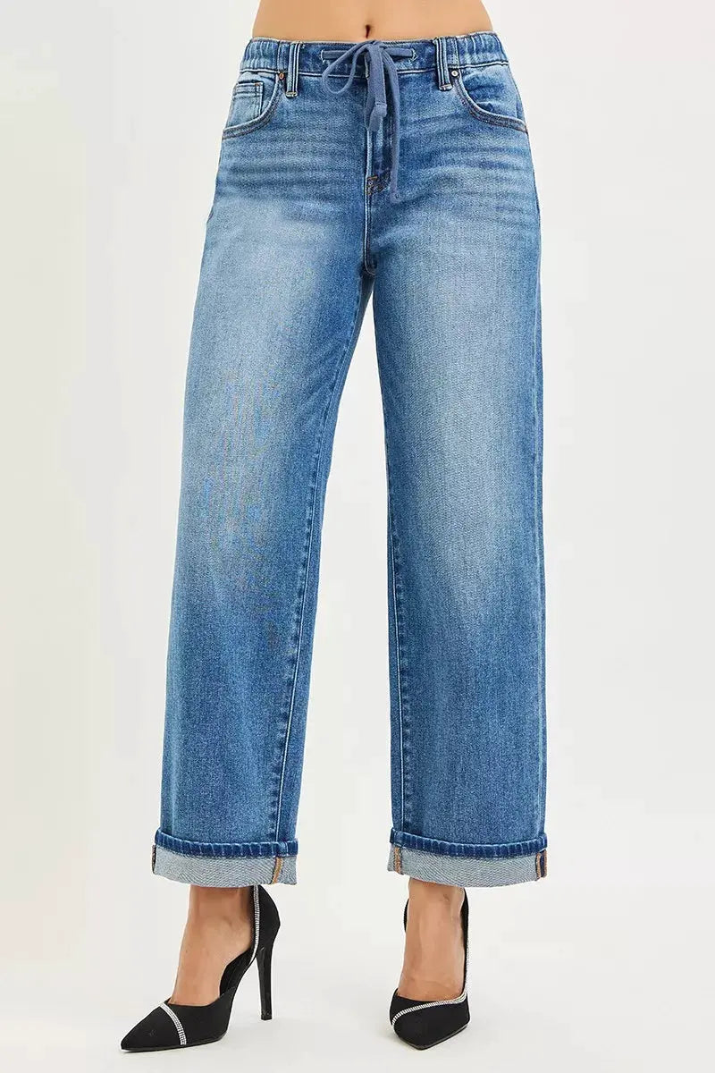 RISEN Elastic Band Slouch Ankle Boyfriend Cuffed Hem Jeans by RISEN